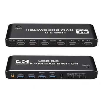 2x2 HDMI Compatible KVM Switch 4K 60Hz Dual Monitor Extended Display USB 3.0 Switcher 2 in 2 out for 2 computers share 2 monitors