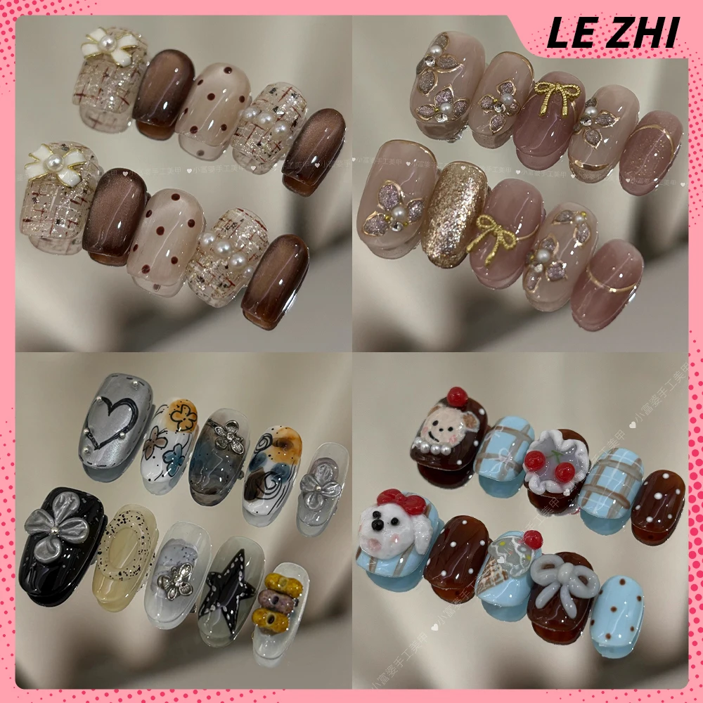 

10Pcs High Quality Vintage Elegant Short Handmade Full Cover Nails Diamond Sequins Bowknot Pearl Flower Cat Eyes Press On Nails