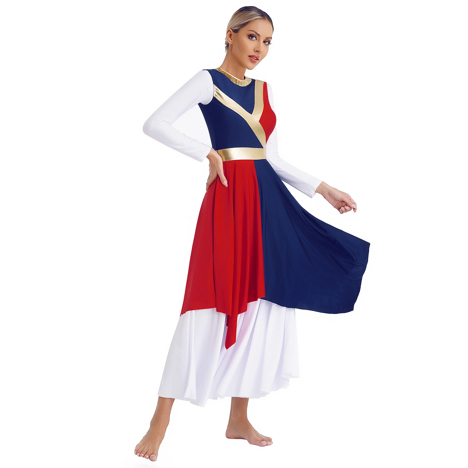 Woman Modern Contemporary Lyrical Dance Fancy Dress Mock Color Block Irregular Dress Liturgical Praise Church Dancewear