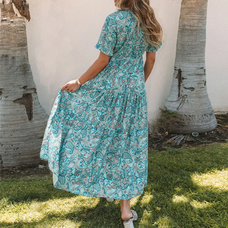 Übergröße Paisley-Print Kleid V-Ausschnitt Kurzarm Böhmisches Urlaubskleid mit Rüschen und Lagen für Damen – Detail 2