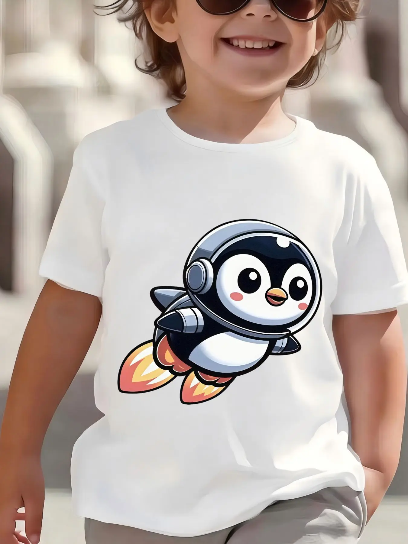Kids Cute Astronaut Penguin Space Rocket Graphic Tee Boys Girls Family Matching Short Sleeve Galaxy Cartoon Casual Daily T Shirt