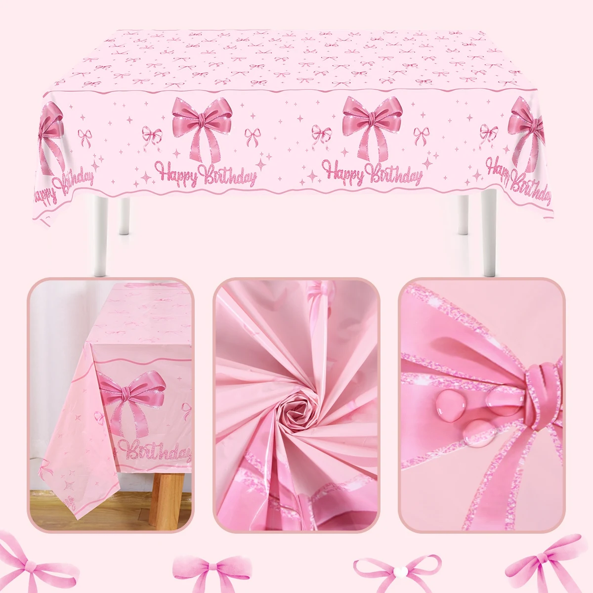 Rosa Schleifen-Tischdecke für Geburtstagsfeiern, Einweg-Tischdecke für Hochzeiten und 1. Geburtstag, Partyzubehör, Tischdekoration – Detail 1