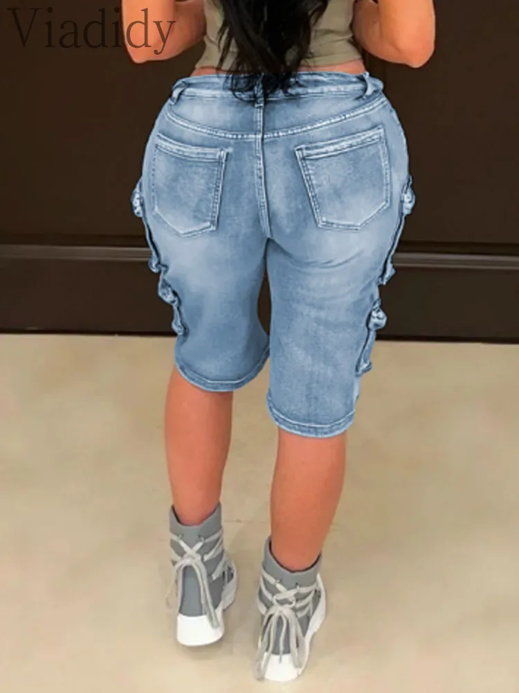 Pantalones cortos tipo cargo informales de cintura alta con bolsillos y decoración de mezclilla para mujer
