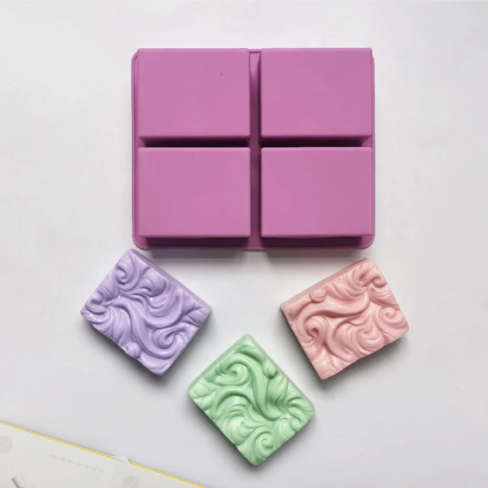 4-Chamber 3D Handmade Silicone Soap Mold Wavy Ripple Pattern Flower Shaped Soap Making Mold DIY Square Round Soap