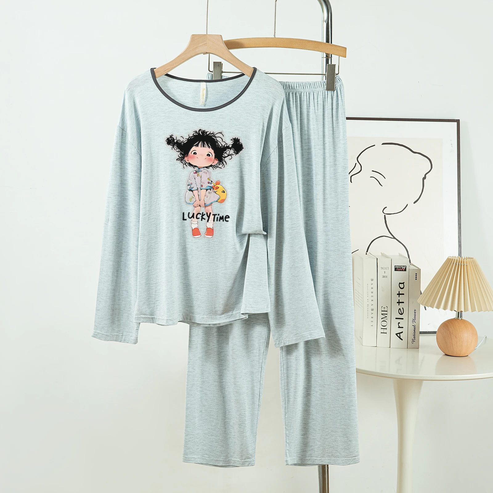 5181-302 بيجامة قطنية كاجوال ومريحة للنساء، سراويل طويلة جديدة للربيع والخريف بأكمام طويلة بلون سادة كاجوال