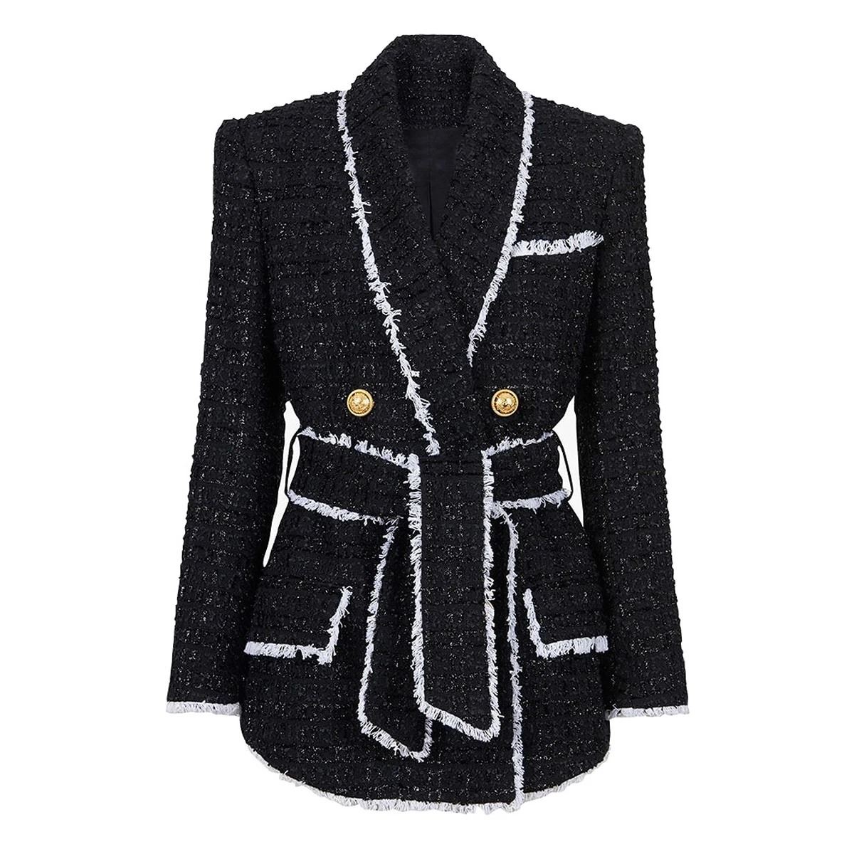 Spring And Autumn New Women's Double Breasted High End Coarse Tweed Waist Collection Long Sleeved Suit Top Coat With Shorts Set