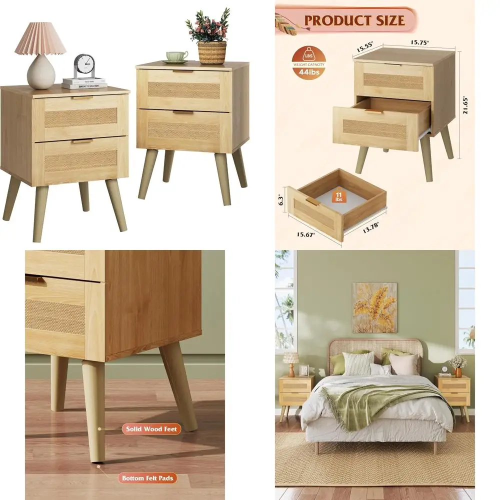

Rattan Decorated Nightstand Set, 2-Piece Bedroom End Tables with Solid Wood Legs, Bedside Storage for Modern Home