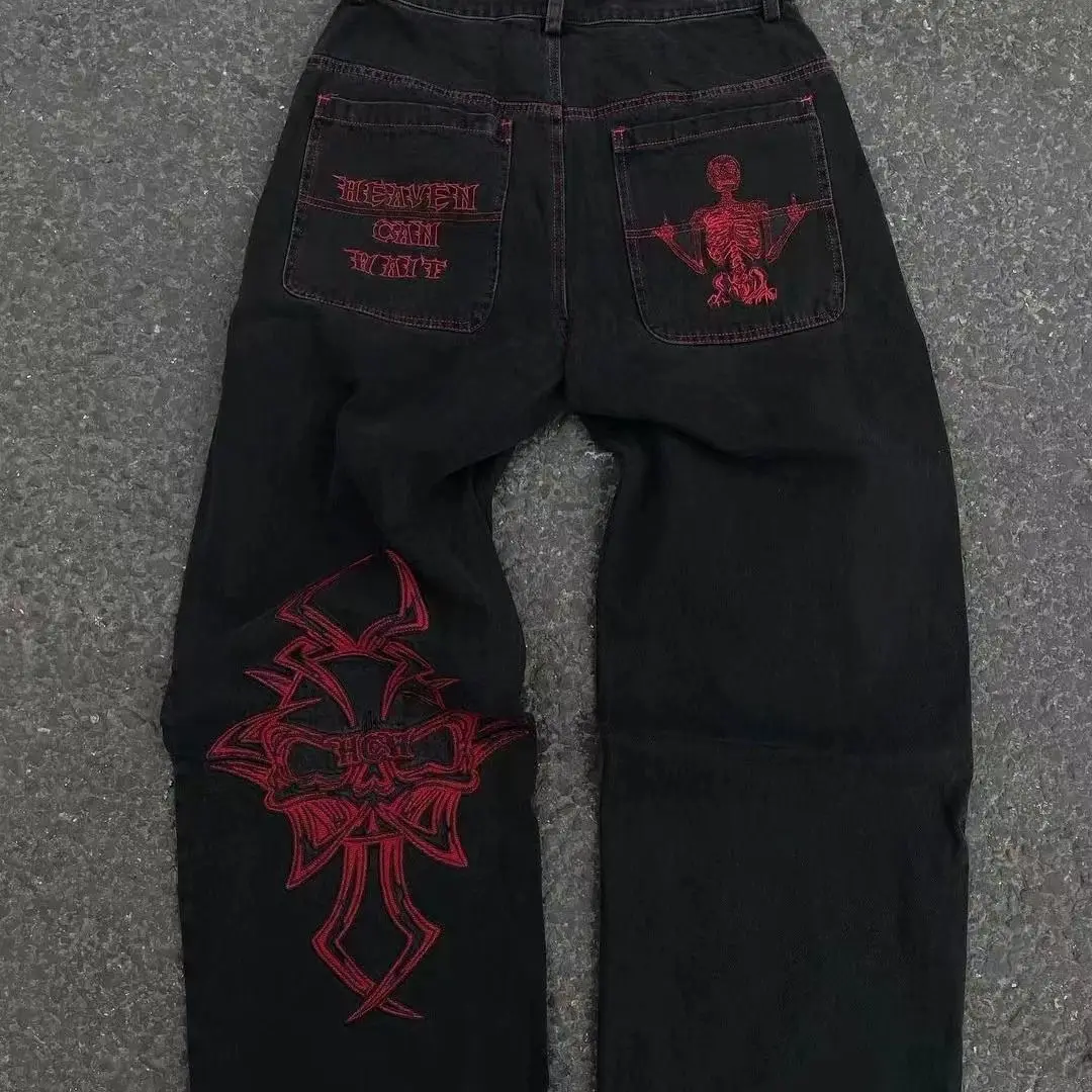 Punk Style Embroidery Pattern Men's Jeans Street Young Boy High Waist Washing Trendy Denim Pants Straight Hip-hop Male Trousers