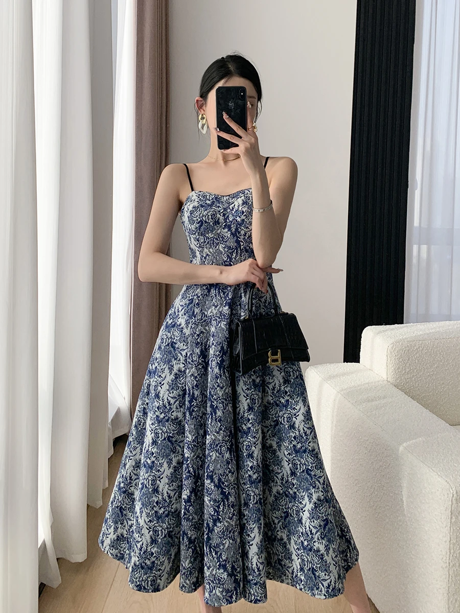 Elegant Women Fashion New Floral Casual Midi Dress Spaghetti Strap Slim A-Line Maxi Vestidos Female Chic Vintage Mujers Robe