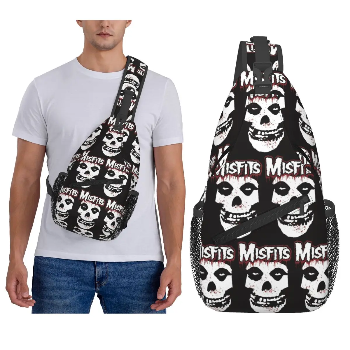 Misfits crânio saco de peito masculino estilingue crossbody mochila saco de peito viajar caminhadas daypack bolsa de ombro