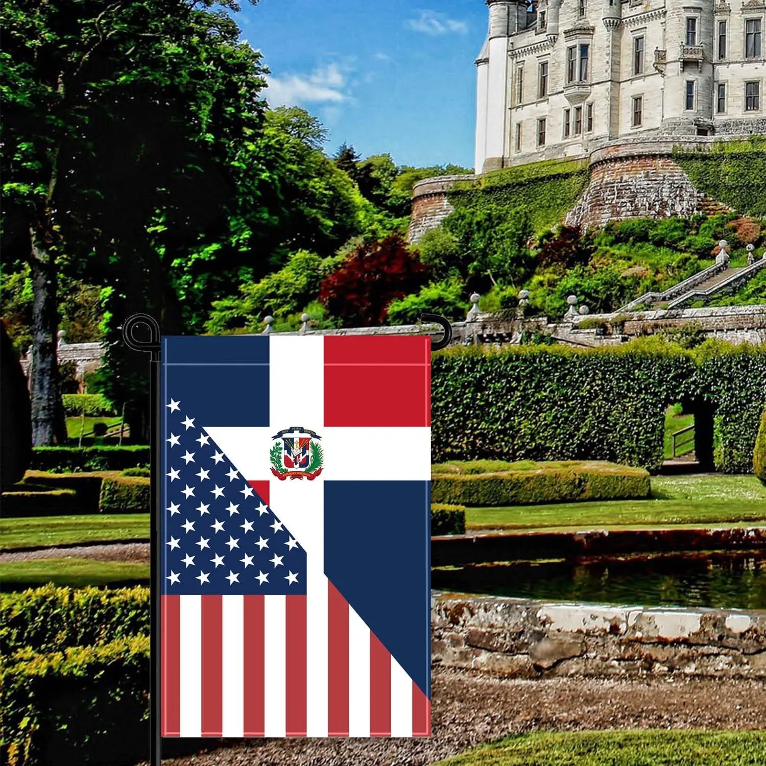 Dominican USA Friendship Garden Flag,18×12 inch Dominican Decor,Heavy Duty Double Side Digital Printed 210D Polyester Banner jjp
