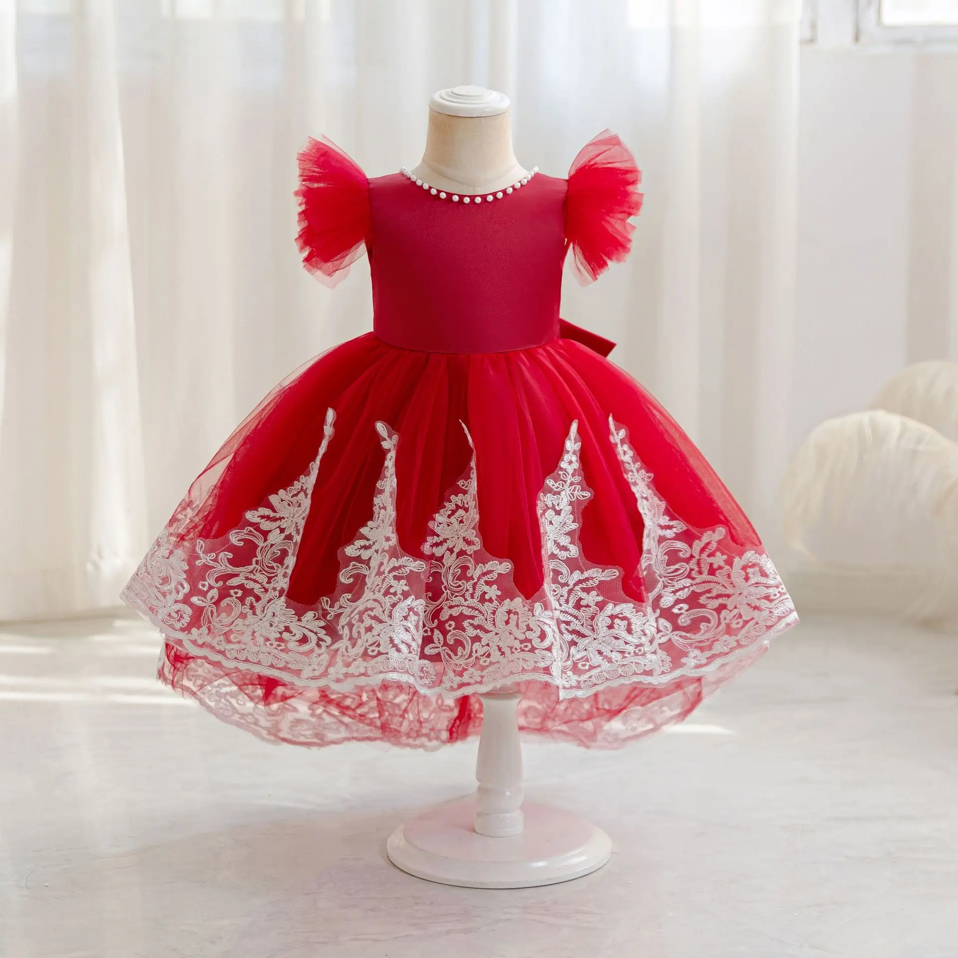 HETISO Elegant Kids Party Dresses Children Beading Tulle Bridesmaid Flower Gown Girls Birthday Wedding Prom