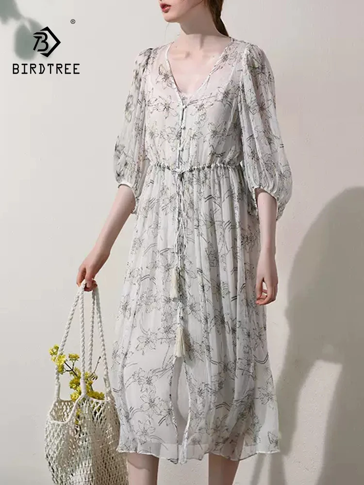 

BirdTree, 100%Real Silk Elegant Dress, Women 3/4 Sleeve V Necks Floral, Sweet French Party Commute Dresses, 2024 Summer D45934QC