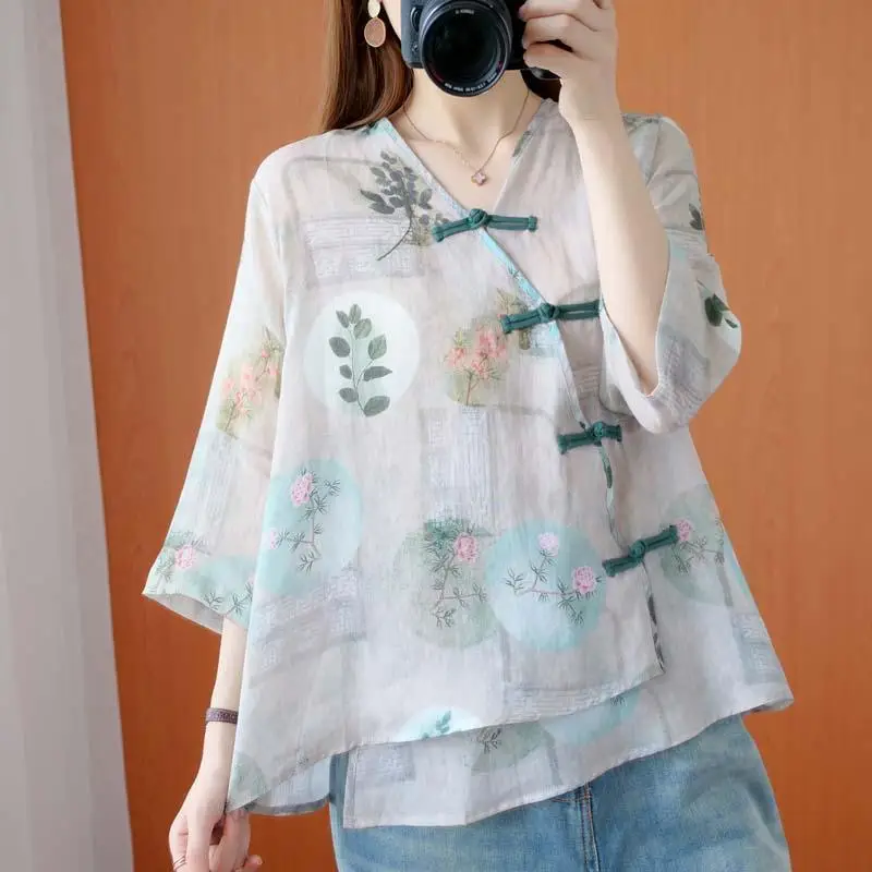 Women Summer New V-neck Cotton Linen Irregular Pullover Fashion Retro Ethnic Style Button Printing Versatile Cropped Sleeve Tops