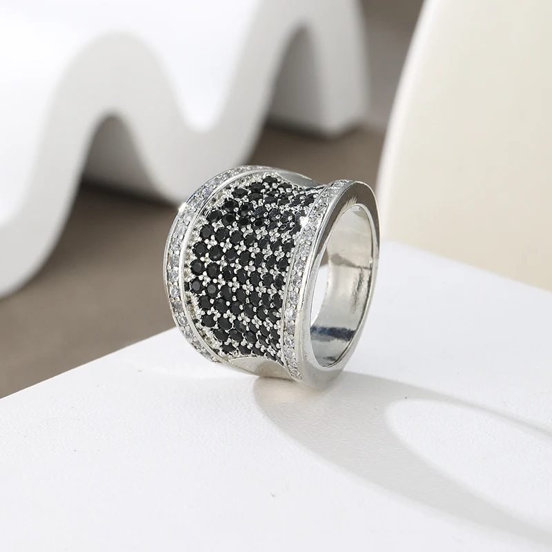 Personalized Retro Black Color Zircon Inlaid Wide Face Women's Ring, Uniquely Designed Holiday Party Jewelry Gift