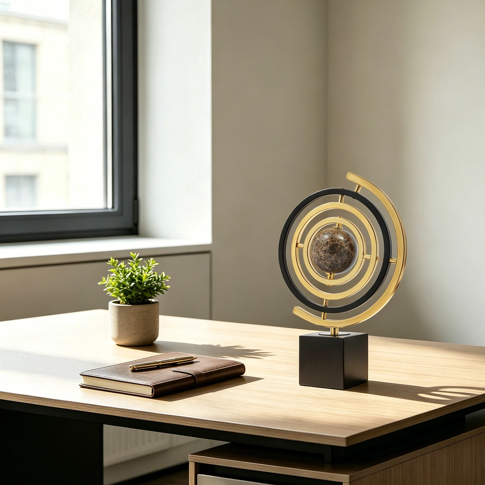 2 Sizes 360° Rotatable Globe Ornament, Multi-Layer Metal Rings Tabletop Decor, Desktop Decoration With Small/Large Marble Base For Office Desk Living Room Study House