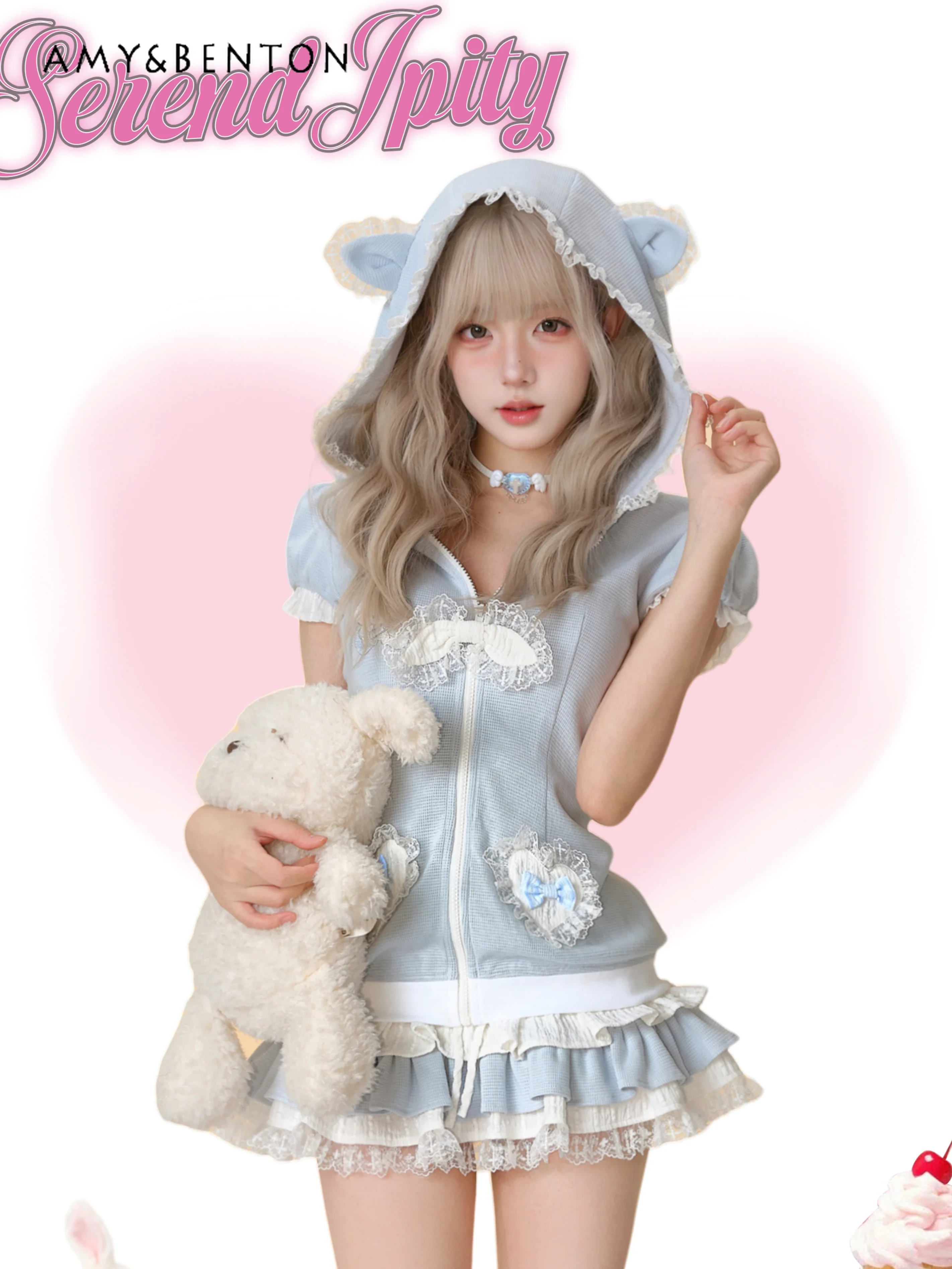 

2024 Early Autumn New Kawaii Cute Girl Skirt Sets Lace Splicing Bow Short Sleeve Zipper Hooded Top + Mini Skirt Two-piece Set