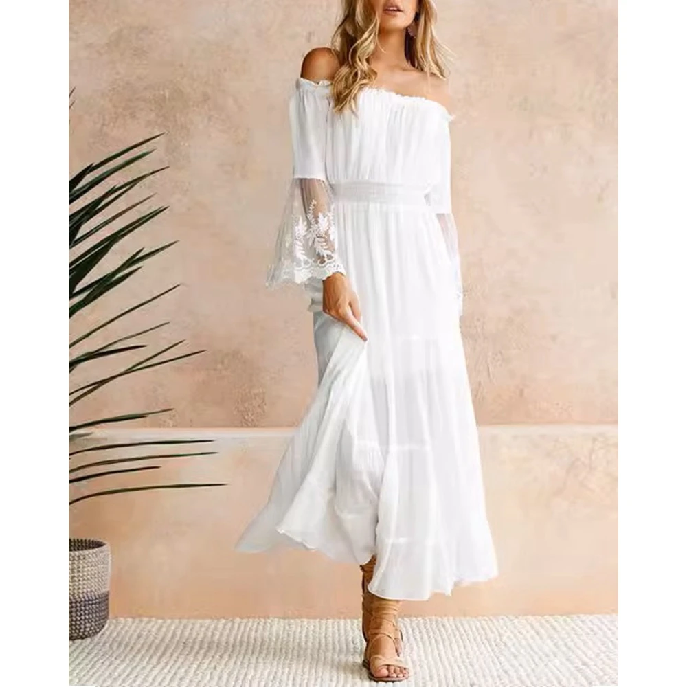 

Women Off Shoulder Long Sleeve Lace Stitching White Maxi Dress Elegant Vestidos Holiday Beach Summer Dress New Korean Style y2k