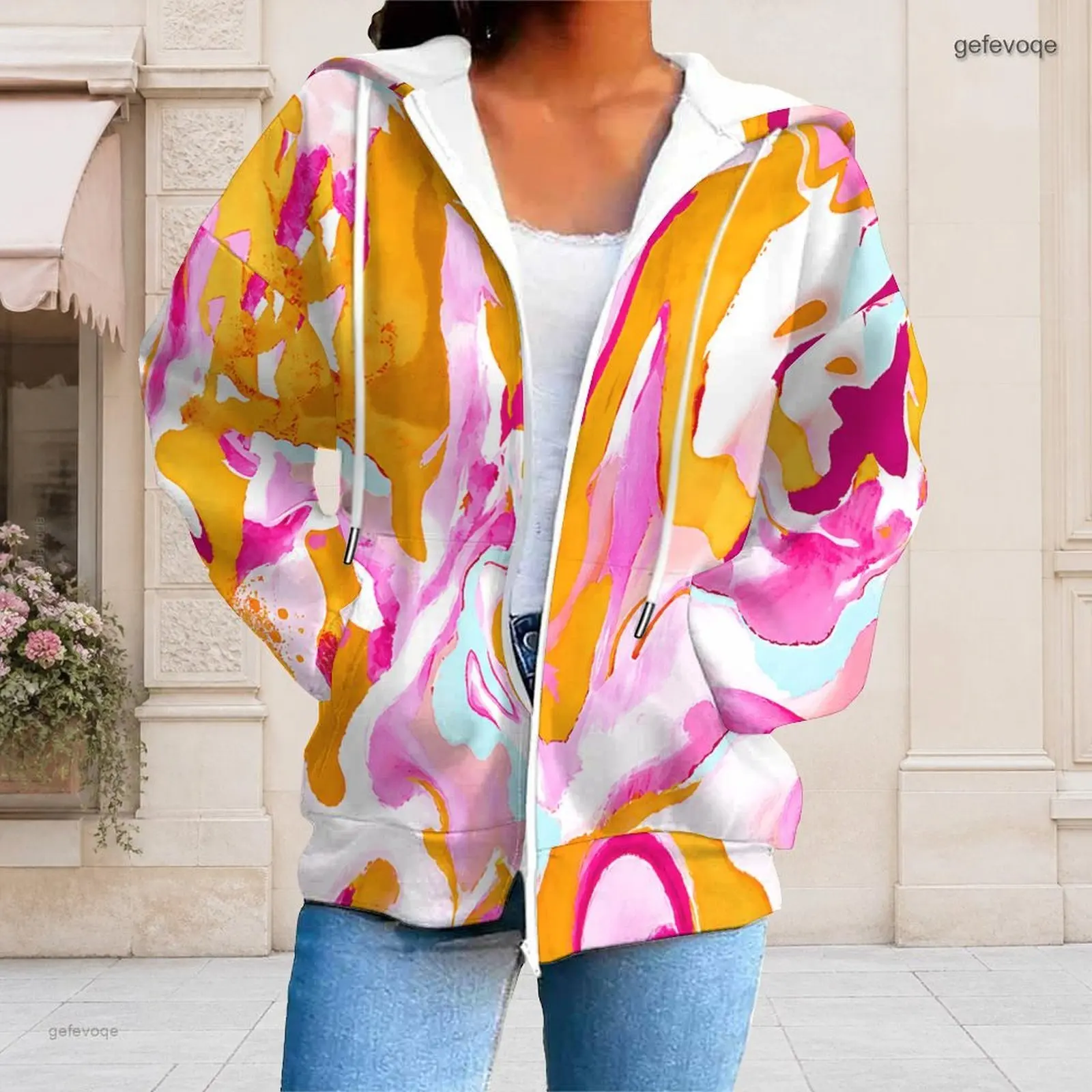 Women Yellow Pink Abstract Marble Printed Zip Up Long Sleeve Hoodie with Pockets