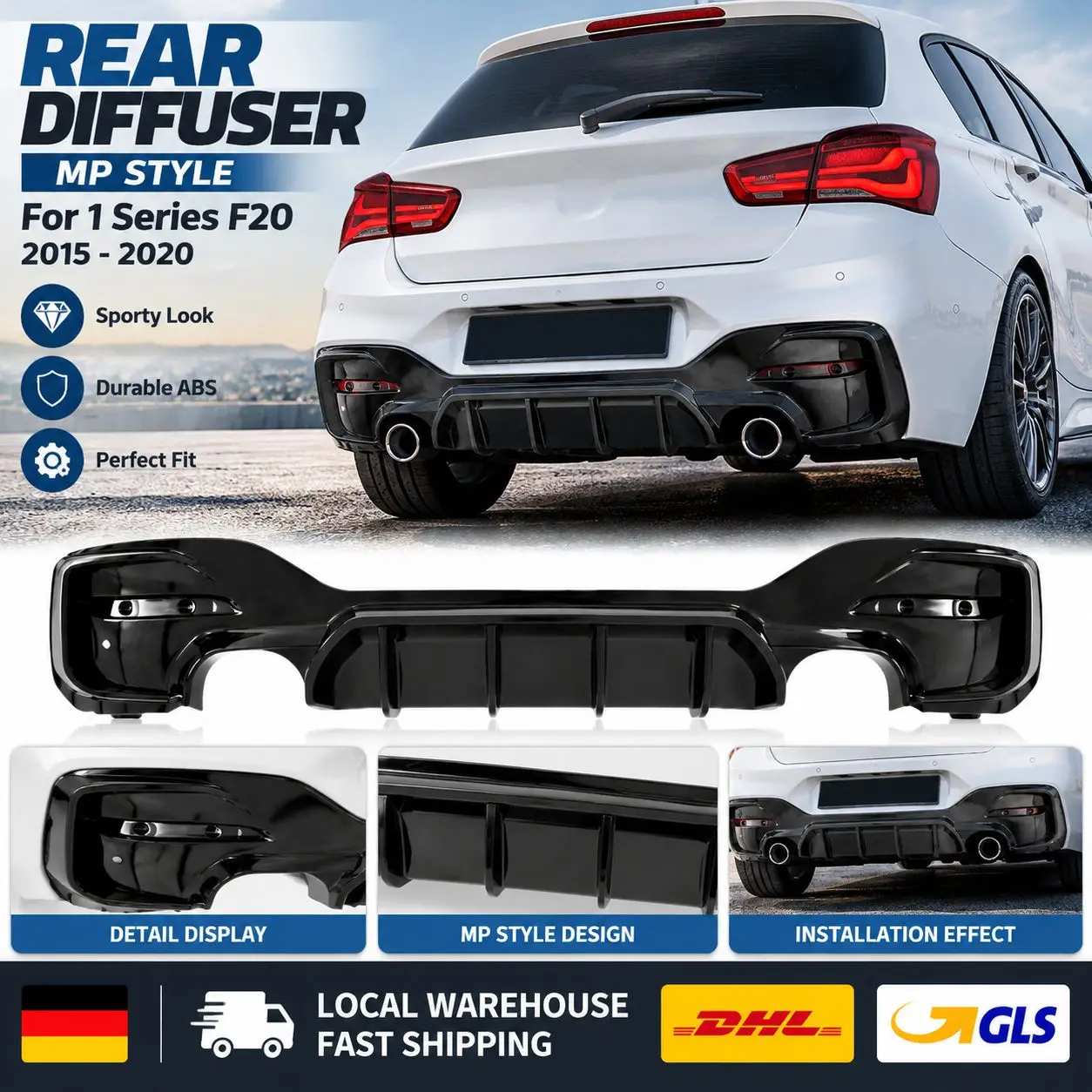Heckstoßstangen-Diffusorlippe im MP-Stil für BMW 1er F20 2015-2020 Auto Heckdiffusor Stoßstangen-Karosserie-Kit
