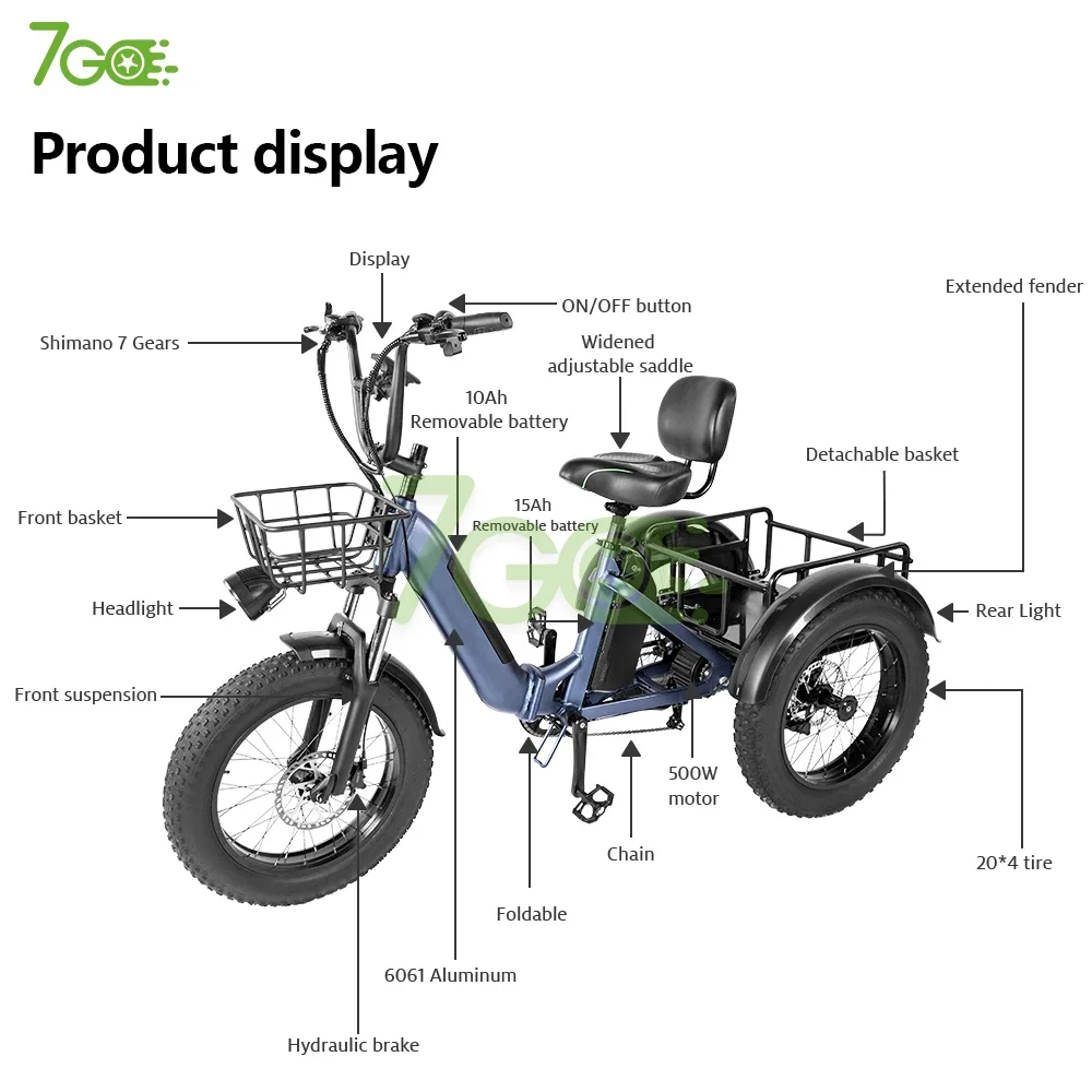 20 Inch Electric Trike adults 750W Motor Fat Tire 3 Wheel tricycle bike electro Three Wheels Adult Cargo Electric tricycle Bike