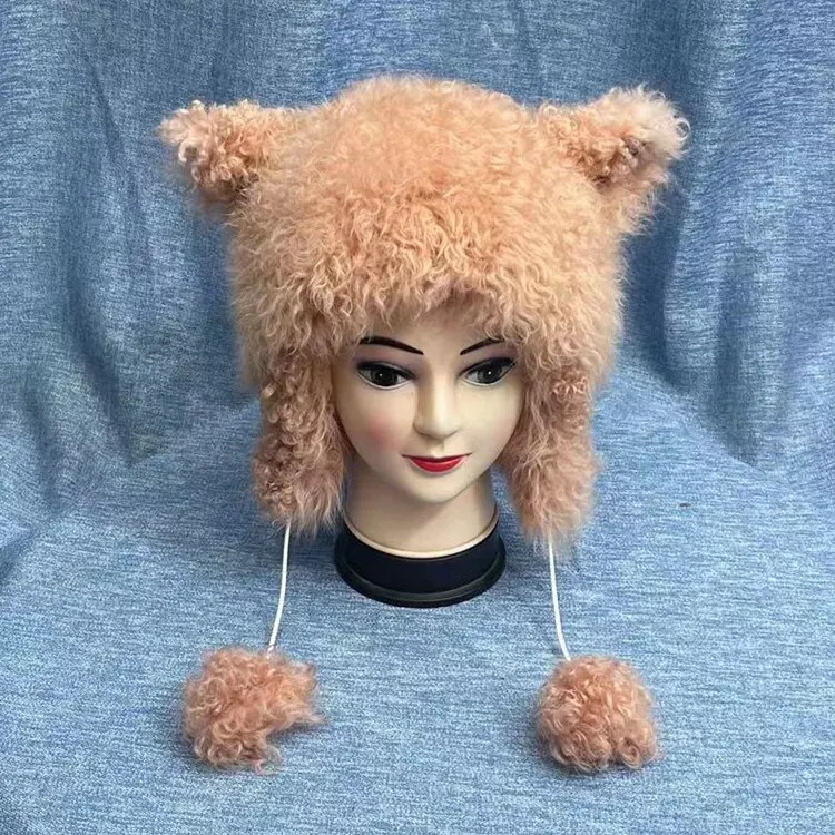 Warme Winter-Tiermotive Mütze aus Lockiger Wolle und Echtem Leder Neuer Stil für Männer und Frauen Gemütliche Echtpelz-Mütze für Kaltes Wetter – Detail 13