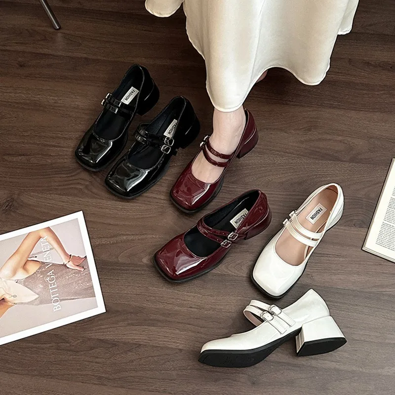 

Spring Autumn Patent Leather Women Mary Jane Shoes Fashion Shallow Square Toe Pumps Casual Dress Chunky Middle Heel Women Shoes
