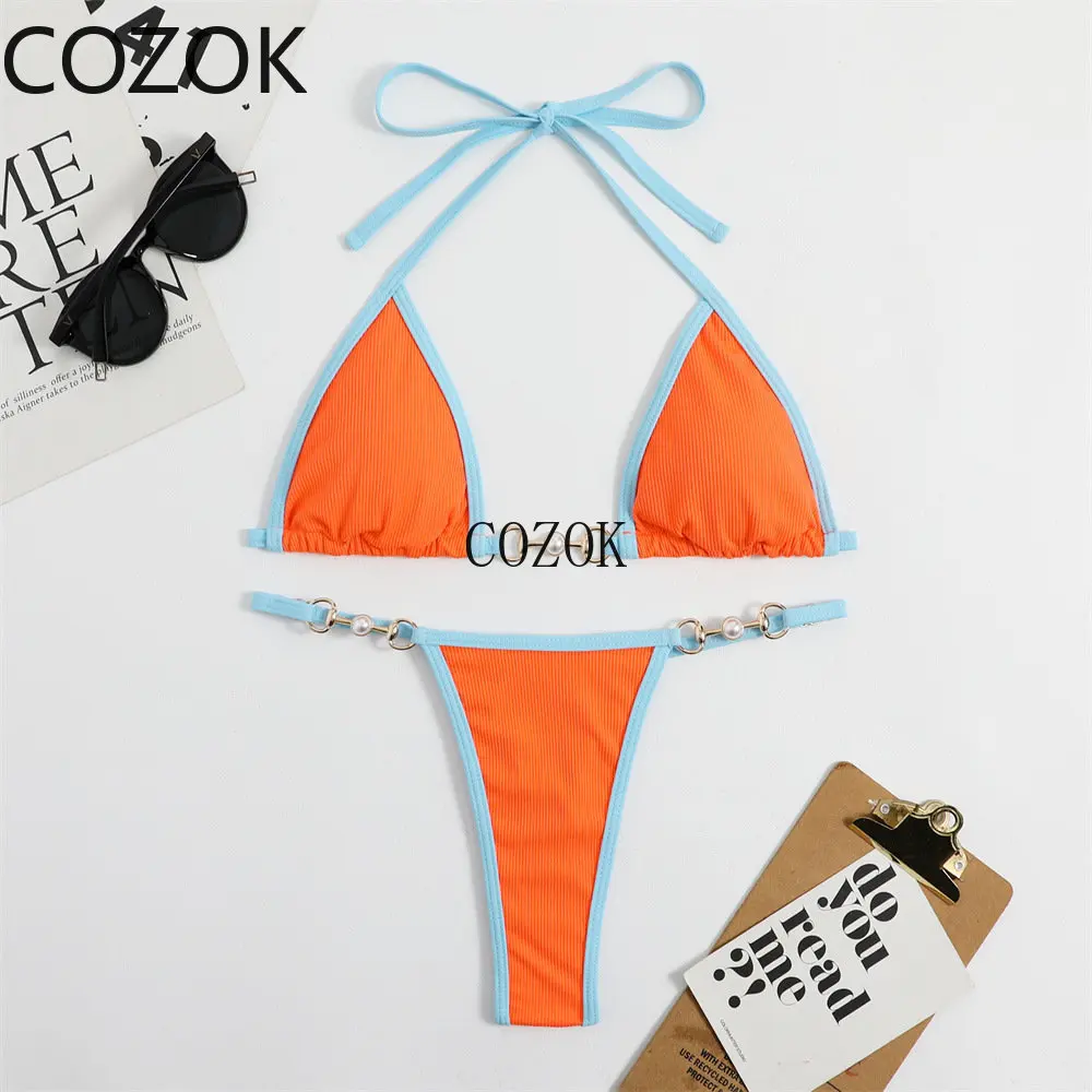 Metal Chain Bikini Set Women 2023 Swimwear Push Up Halter Tie-up Bra+Triangle Thong Two-Piece Bathing Suit Brazilian Biquinis