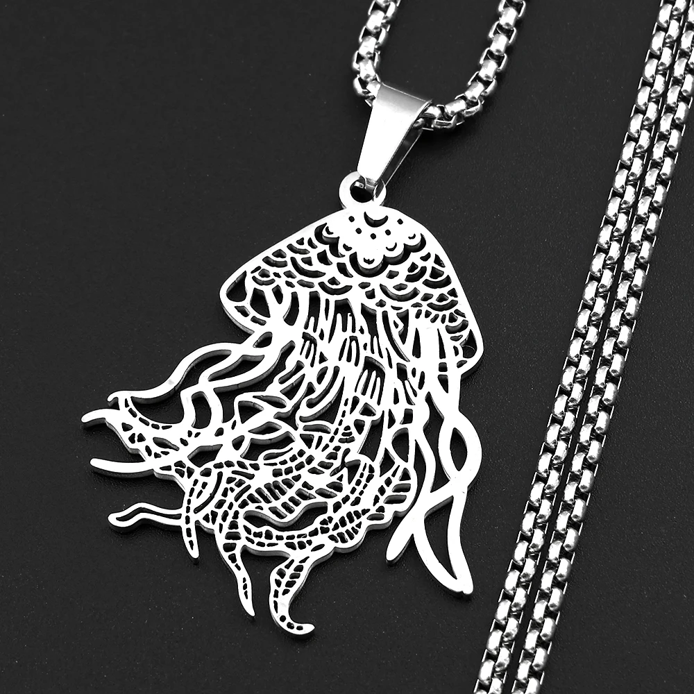Niedliche Quallen-Ozean-Anhänger-Halskette für Damen und Herren aus Edelstahl in Silberfarbe – Modischer Schmuck für Liebhaber der Meereskultur – Geschenke – Detail 4