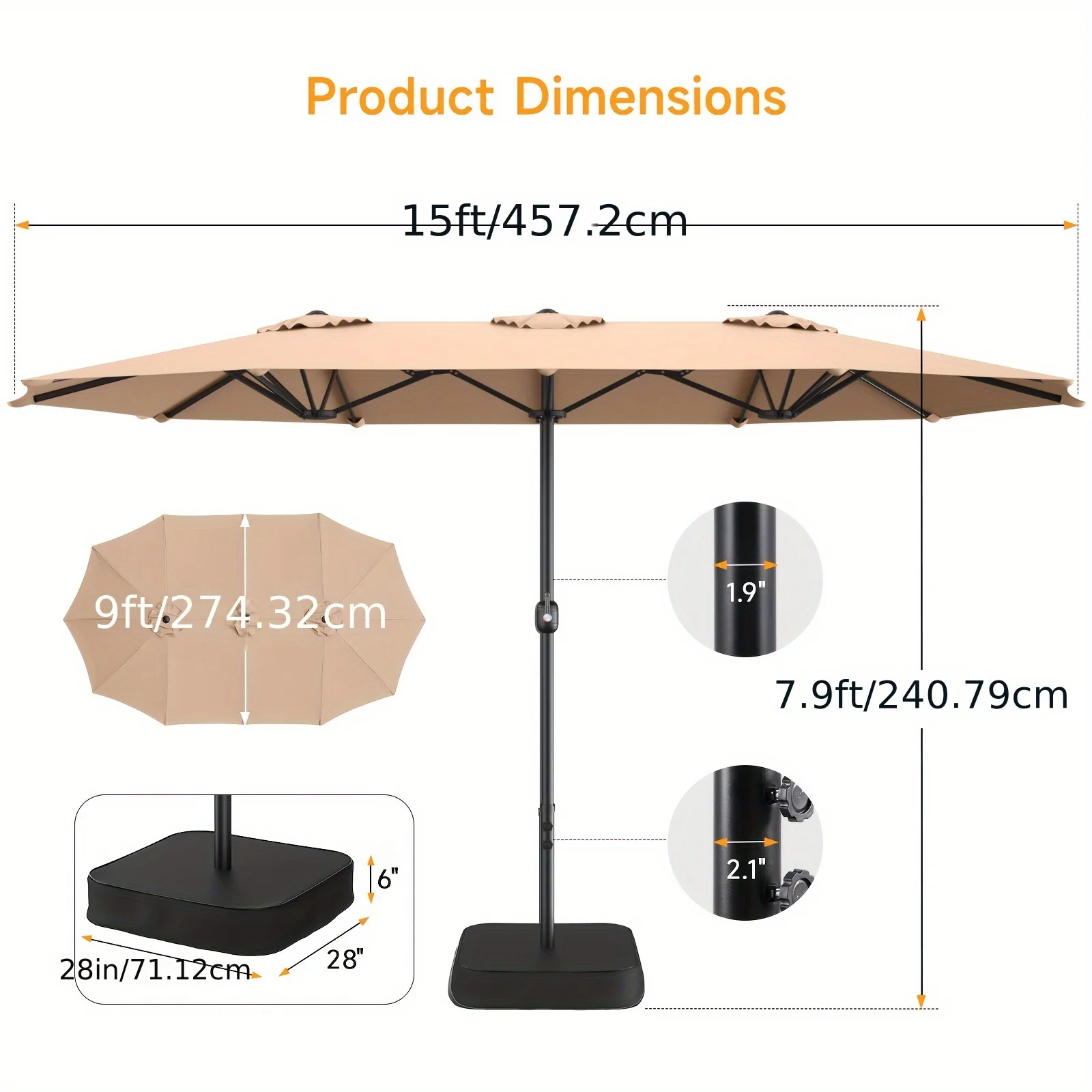 1pc 15Ft Patio Umbrella with Base Included, Extra Large Shade Area, Double-Sided Rectangle with Crank Handle for Poolside,Garden