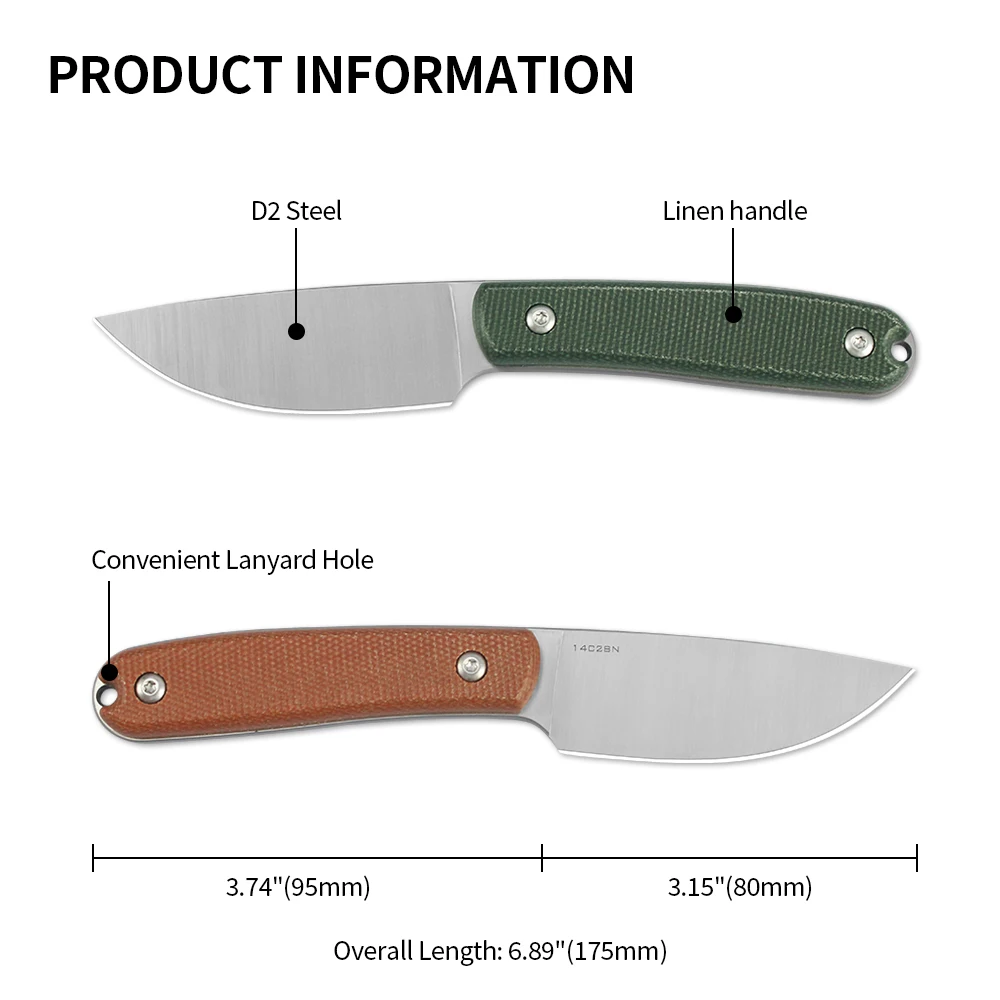 Tunafire Military Hunting Knives 14C28N Steel Fixed Blade Knife Outdoor Camping Multipurpose Small Straight Knife with K sheath