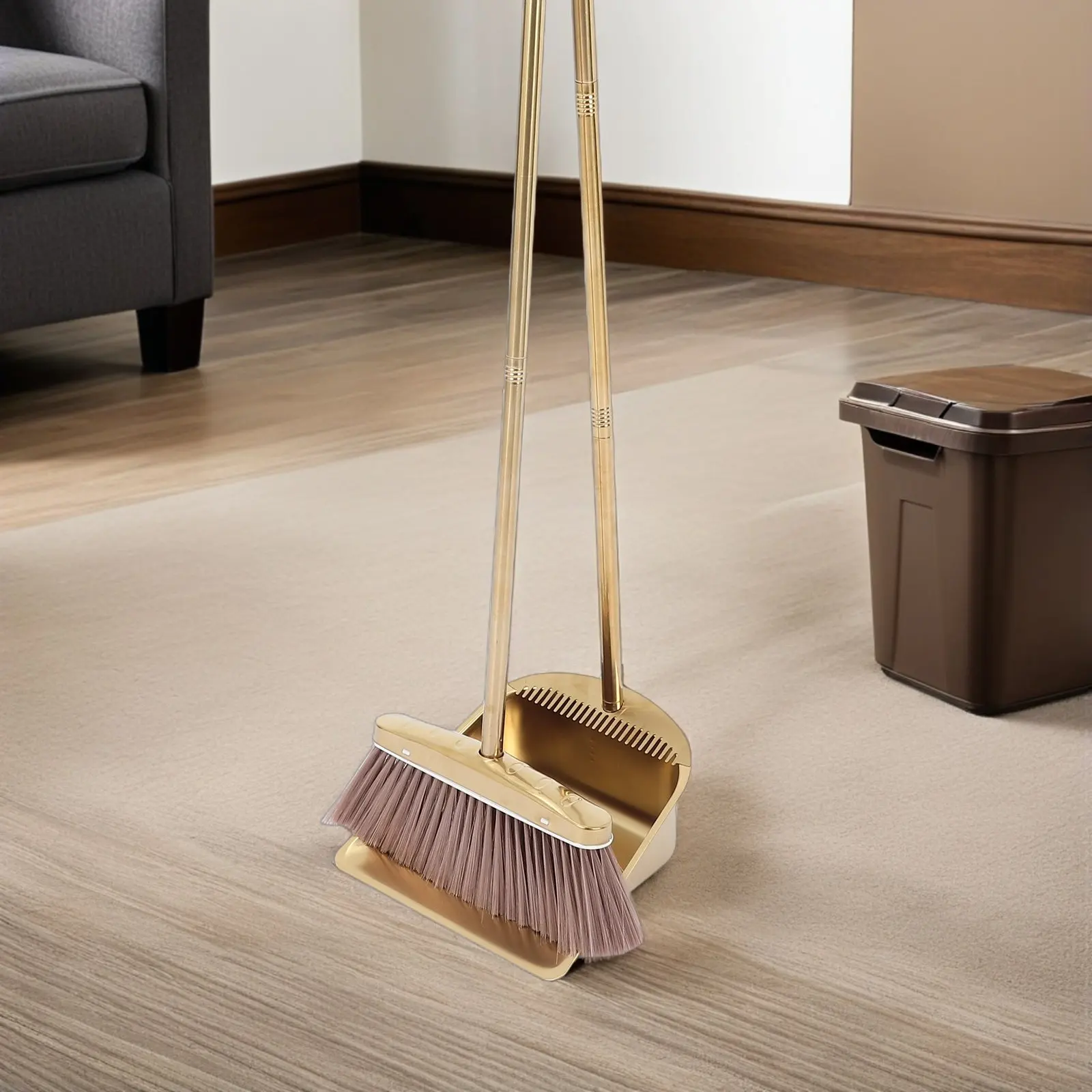 1 Set Gold Broom And Dustpan Set Upright Standing Metal Dust Pan With Comb Teeth Long Handle Broom For Kitchen Restaurant Sweep