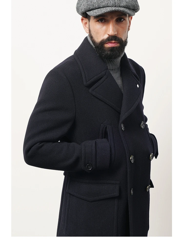 Autumn and Winter Navy Retro Gentleman Pea Coat Coat 740 Wool Double Row Library Outerwear Italian Sle Parka Big