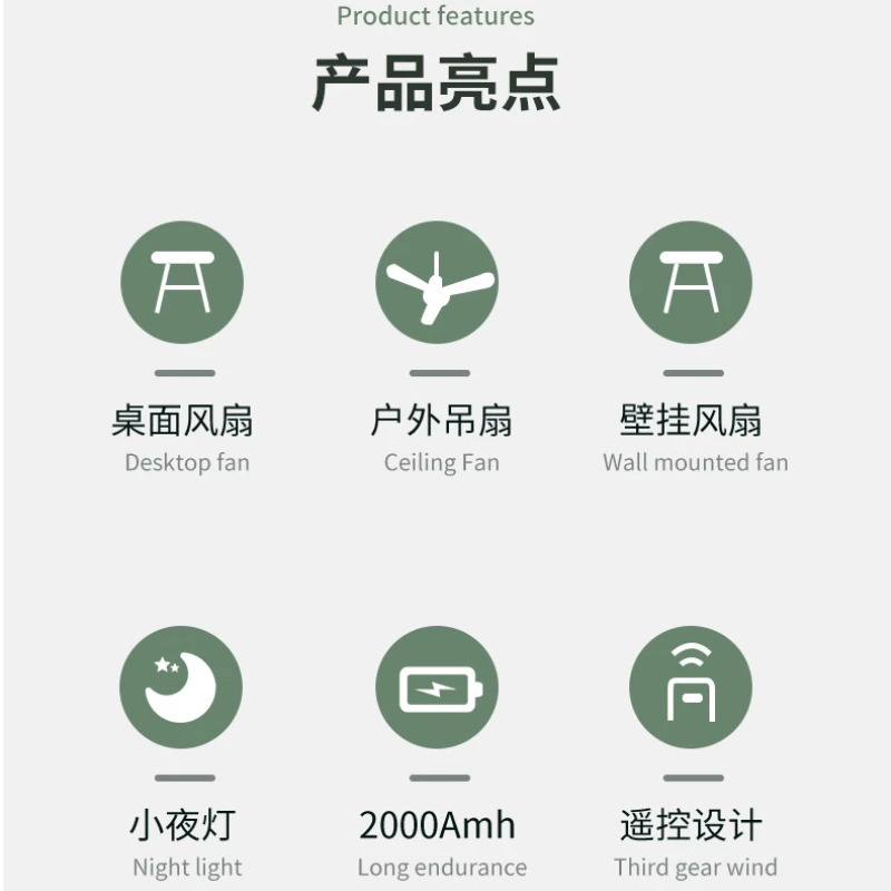 Ventilador eléctrico para acampar al aire libre, pequeño trípode portátil con carga USB, luz nocturna, inalámbrico, para verano