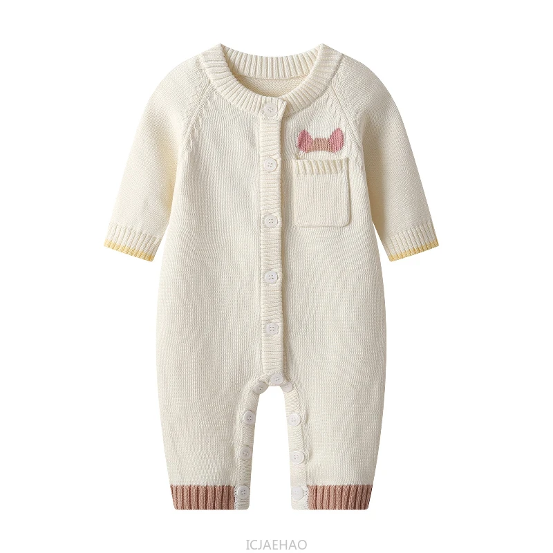 2024 Children New Baby Girl Long Sleeve Apricot Knit Romper Costumes White Pocket Kids Cotton Outfits Matching Autumn Winter
