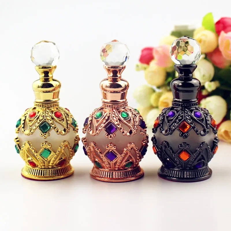 15ml Vintage Metal Perfume Bottle Fancy Arab Style Essential Oil Bottles with Glass Dropper Cosmetic Container Decoration