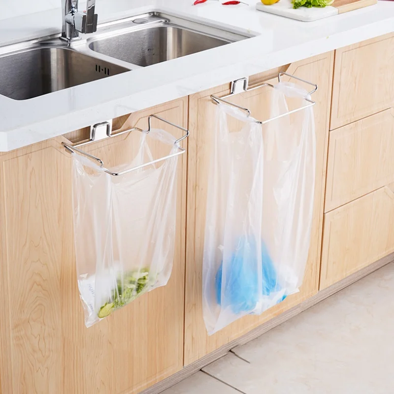 Stainless Steel Garbage Bags Storage Rack No Punch Cupboard Storage Hook Kitchen Hanging Trash Bag Holder Home Organizer
