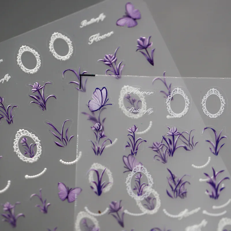 Purple Flowers Butterfly Retro White Frame 5D Soft Embossed Reliefs Self Adhesive Nail Art Stickers 3D Manicure Decals Wholesale