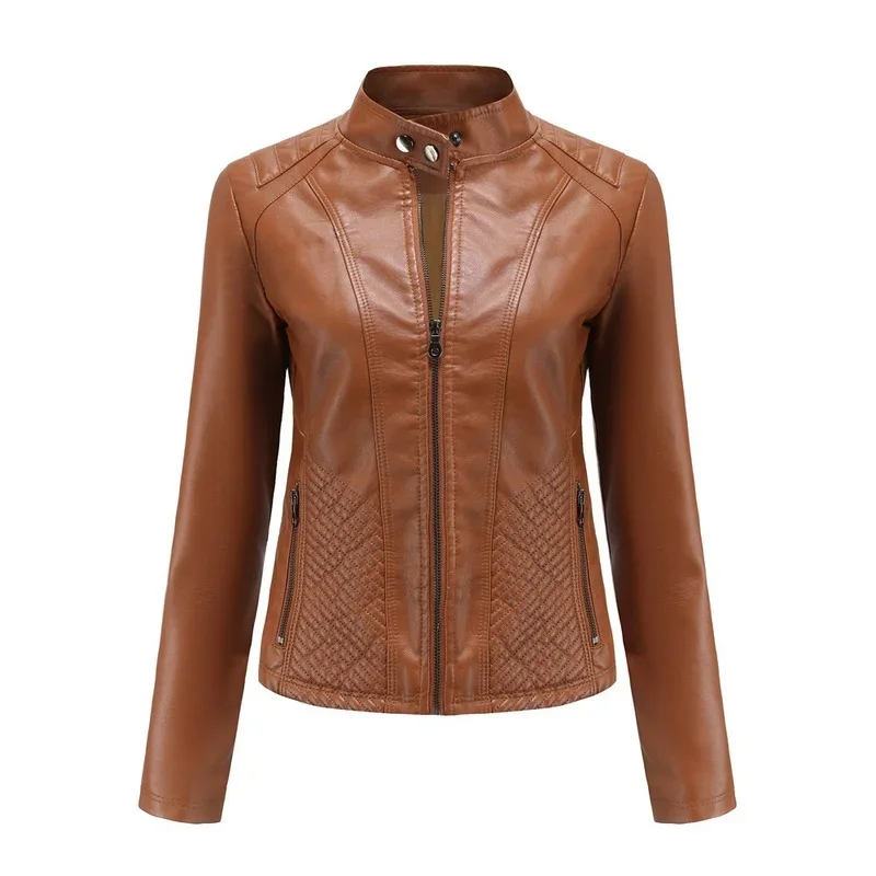 BTQWFD Women\'s Winter Coats Fashion Jackets Female Clothing Long Sleeve Autumn Stand Collar Lady  PU Leather Motor Biker Outwear