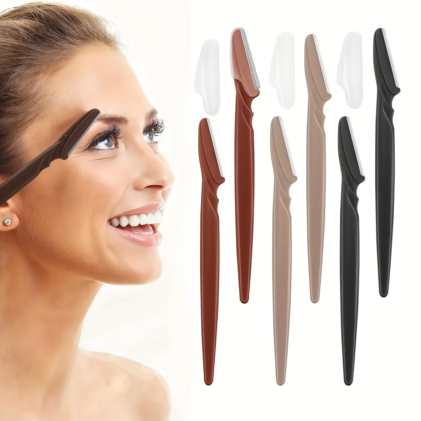 6-Piece Eyebrow Trimmers in Dark Brown Coffee Color, Suitable for Beginners, Facial Hair Removal Tools, Facial Eyebrow Razors, and Peach Hair Removal Razors with Protective Covers