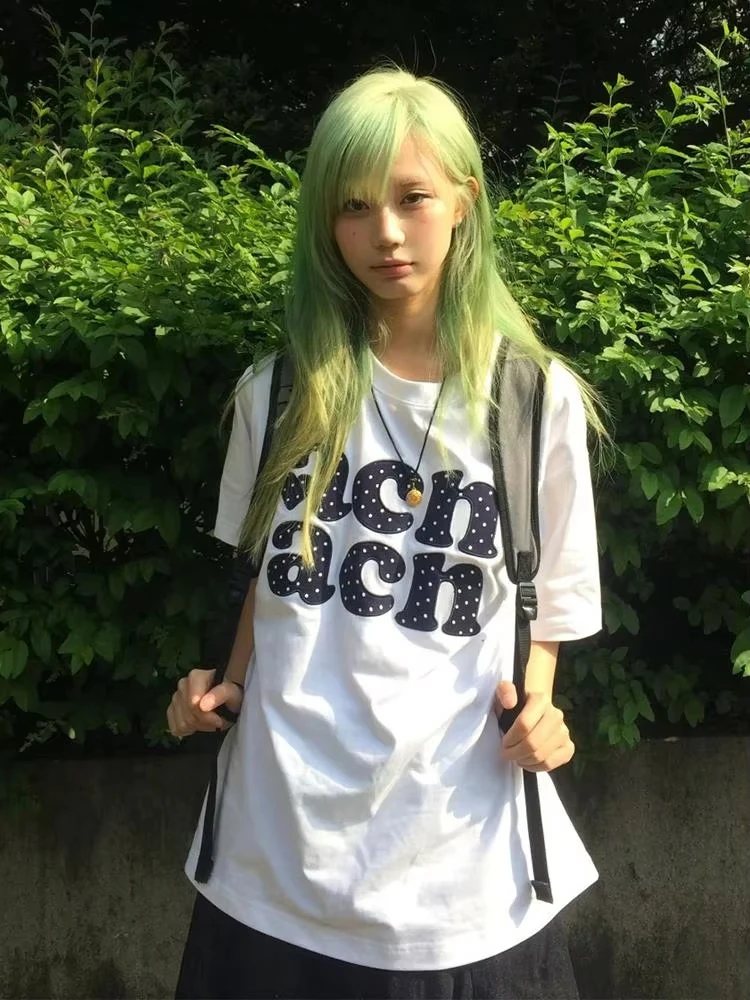 2026 Summer Polka Dot Bold Stacked ach Letter Big Chest Front Graphic White T-Shirt Unisex Oversized Y2K Streetwear Cotton Tee