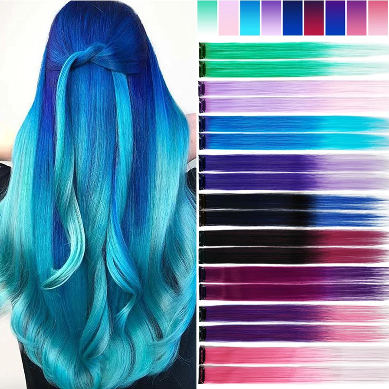 18 Colored Synthetic Ombre Clip In Hair One Piece Long Straight Rainbow 22 Inch Party Highlights Extensions For Women Kids Girls