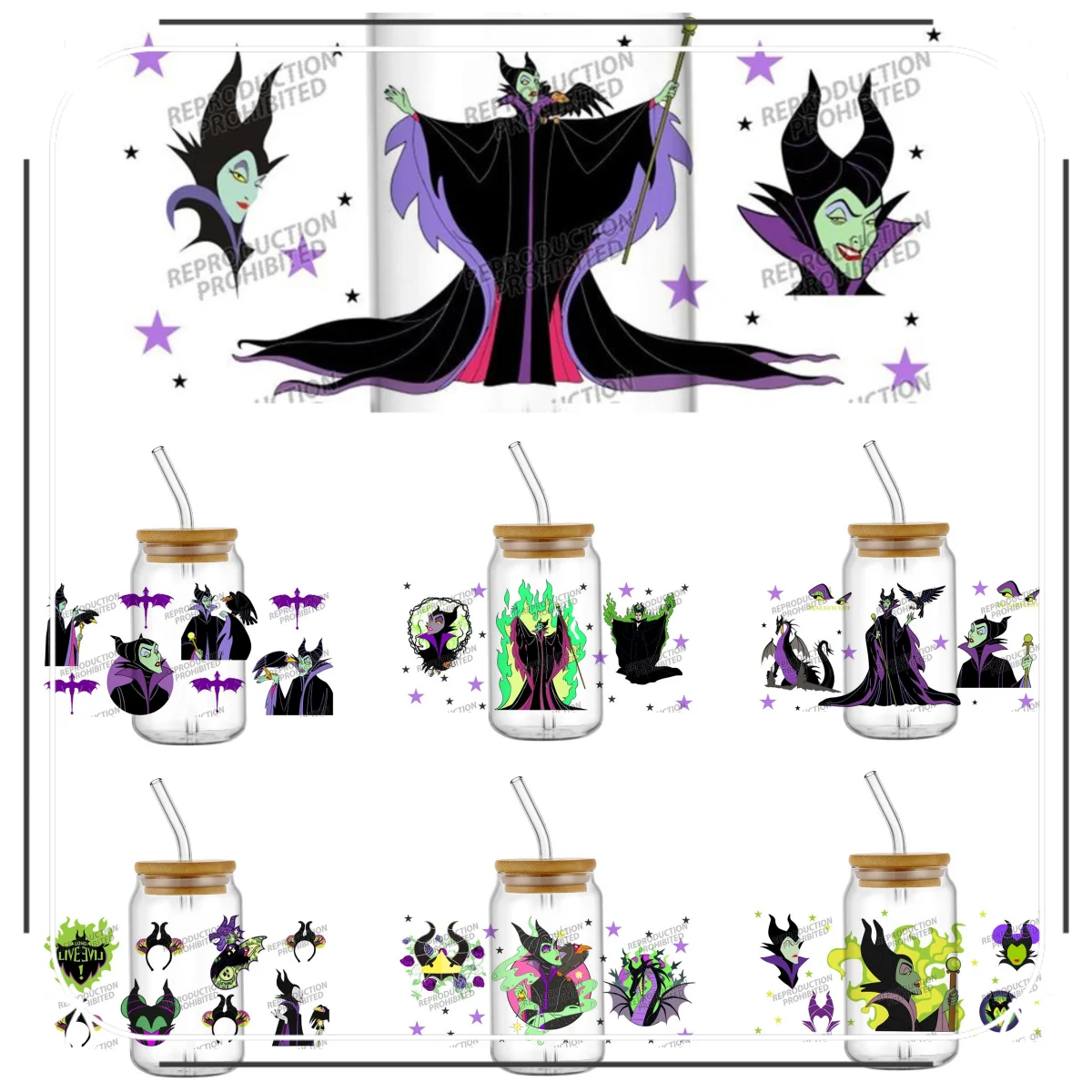 Cartoon Villain Malefica UV DTF Cup Wraps per 16oz Impermeabile UVDTF Trasferimento Adesivi Decalcomanie per Occhiali Tazze Tazza Adesivo fai da te