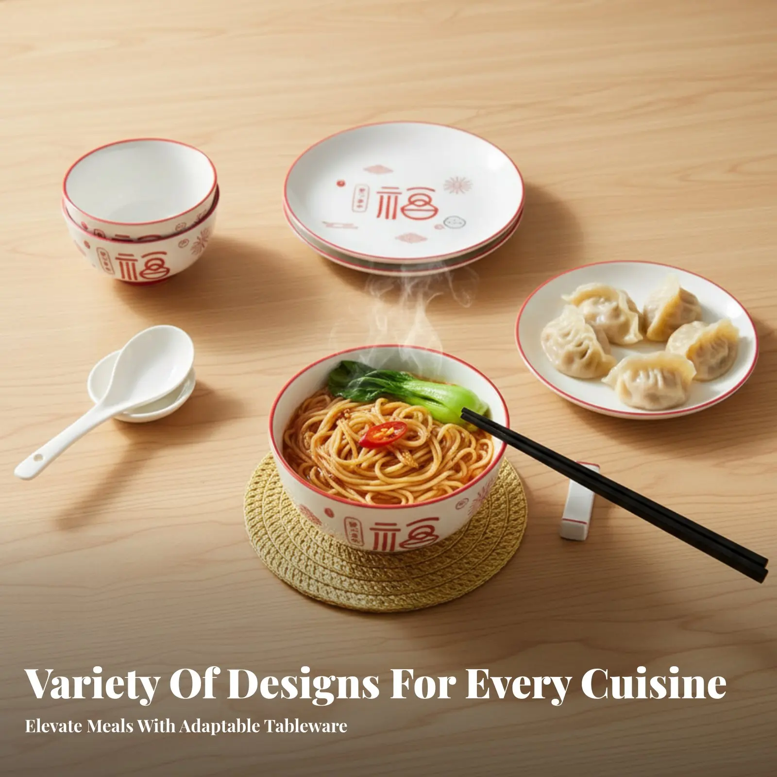 

Chinese Ceramic Tableware Set, Red Festive Bowls & Chopsticks, Wedding, New Year, Housewarming Gift Box