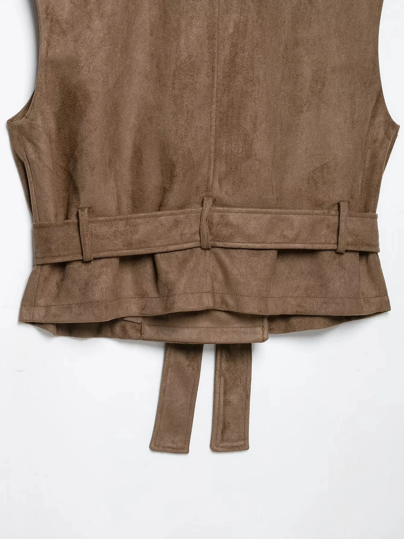 KONDALA Vintage Casual Chic Damen Wildlederweste Khaki Stehkragen Ärmellos Doppelreihig mit Taschen und Gürtel Modische Weste 2026 – Detail 12