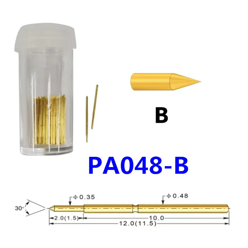 100PCS Gold-plated Spring Test Pin PA048-B Pointed Outer Diameter 0.48mm Total Length 12mm PCB Test Probe
