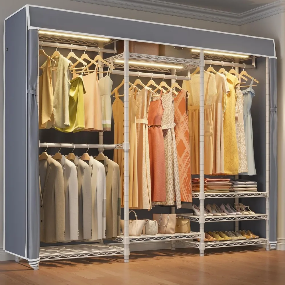 

Heavy Duty Covered Clothes Rack with Dimmable LED Lights 3000K Warm White Portable Freestanding Wardrobe