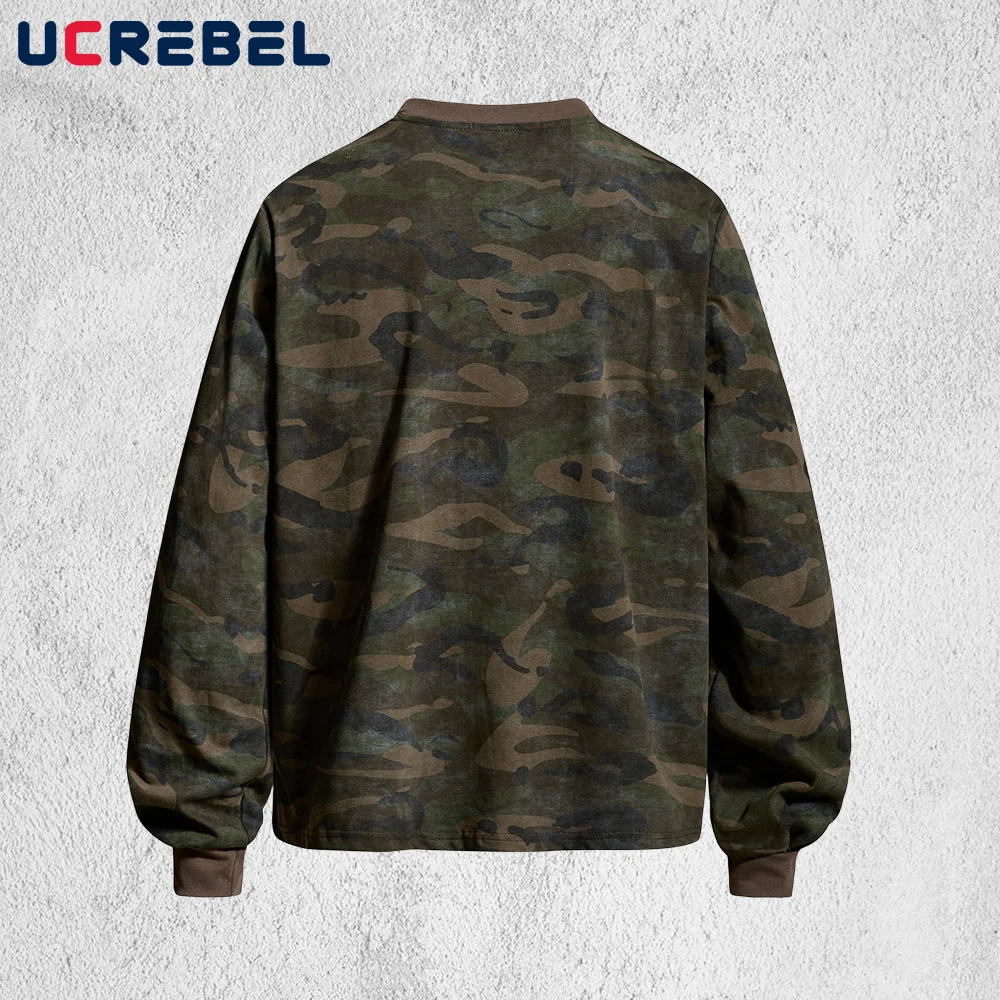 Racing-print T-shirt Mens Autumn Streetwear Camouflage Loose Long Sleeve Crew Neck Cotton Tee Man