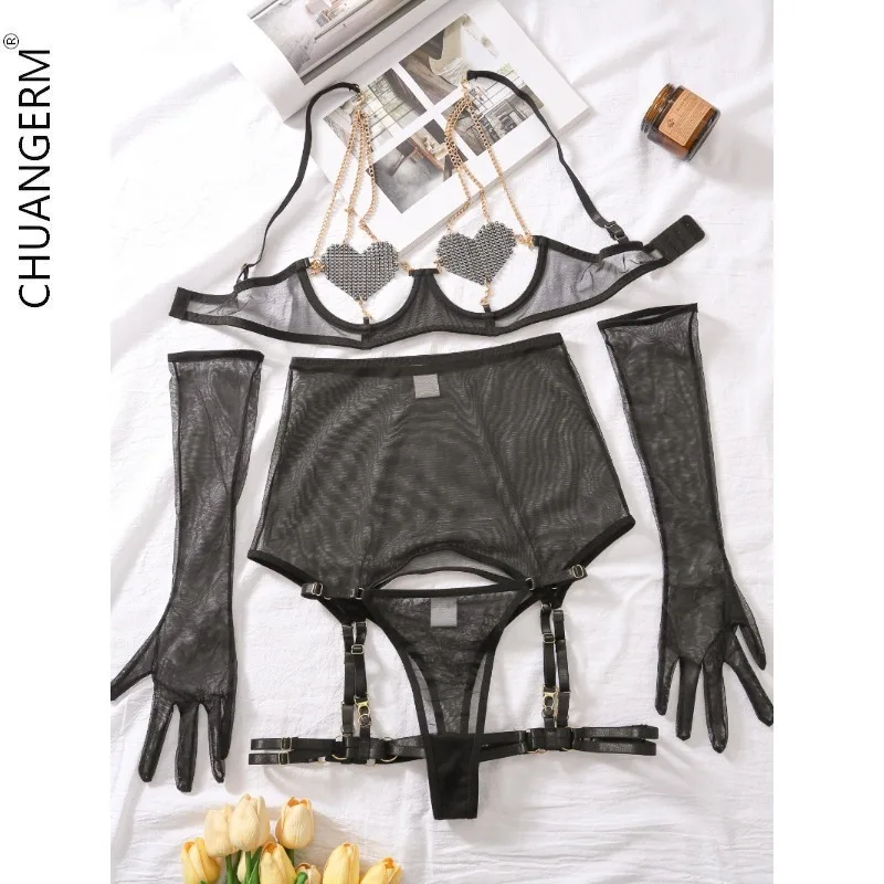 

CHUANGERM Sexy Black Net Erotic Lingerie INS Exposed Breast Love Chain Sexy See-Through Mesh Five-Piece Sets Female Onlyfans Kit