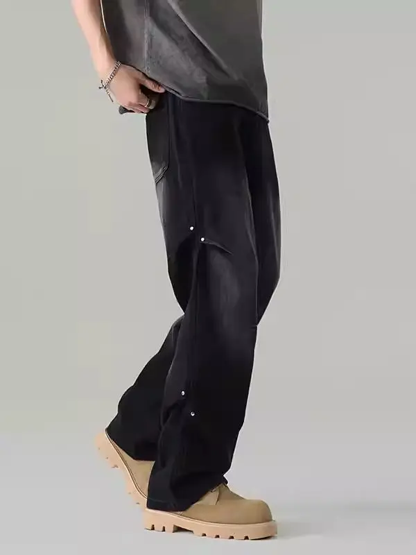 Men's Pleated Design Thin Jeans Street Cool Boy Pants High Waist Bottoms Male Straight Trousers Casual Sweatpants